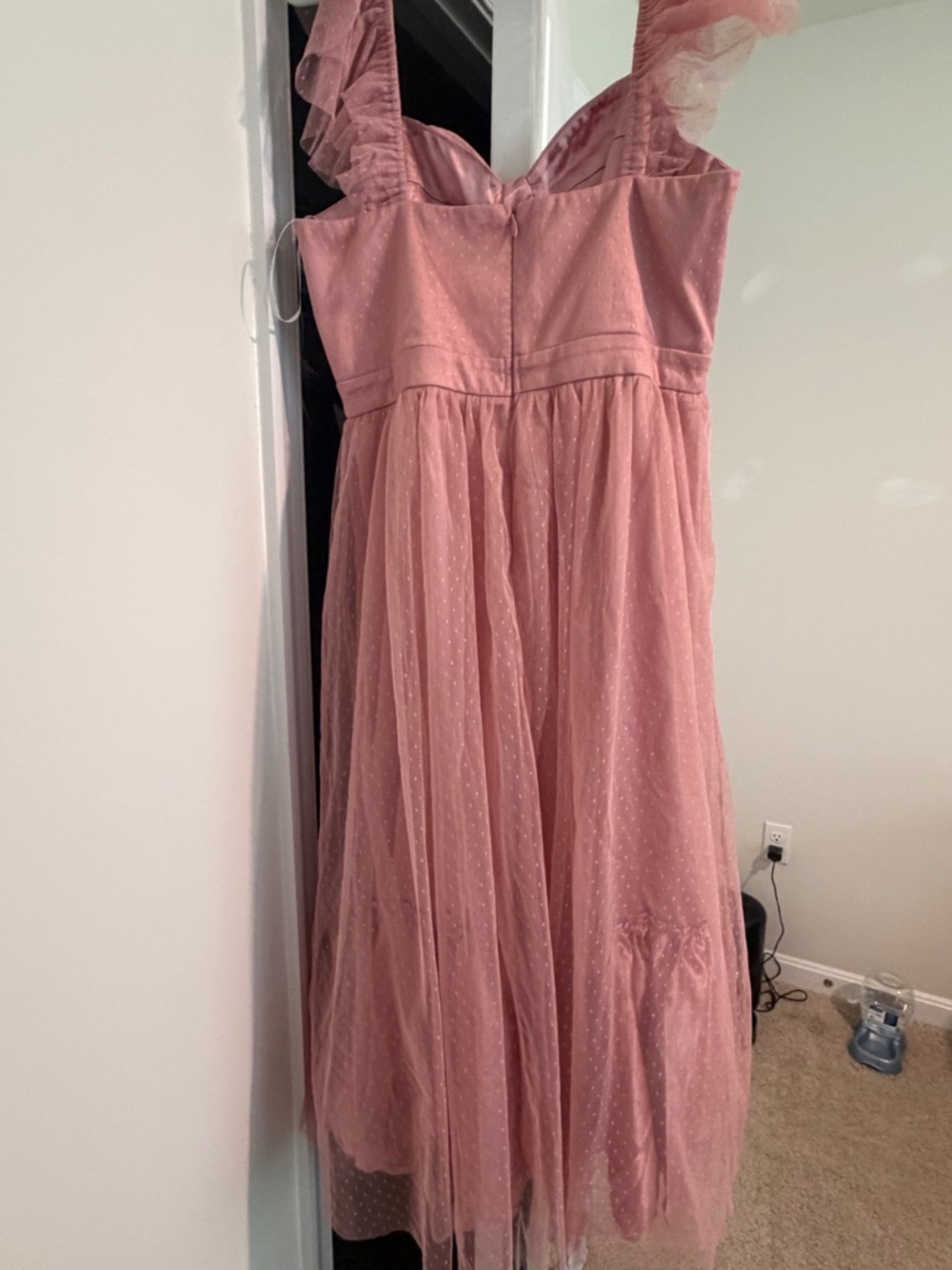 Lulus Pretty Promise Mauve Pink Swiss Dot Tulle Ruffled Midi Dress - Size XL - Picture 6 of 6